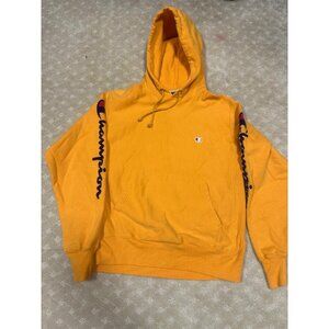Champion Reverse Weave Hoodie Men's M Yellow Double Sleeve Velvet Script Logo